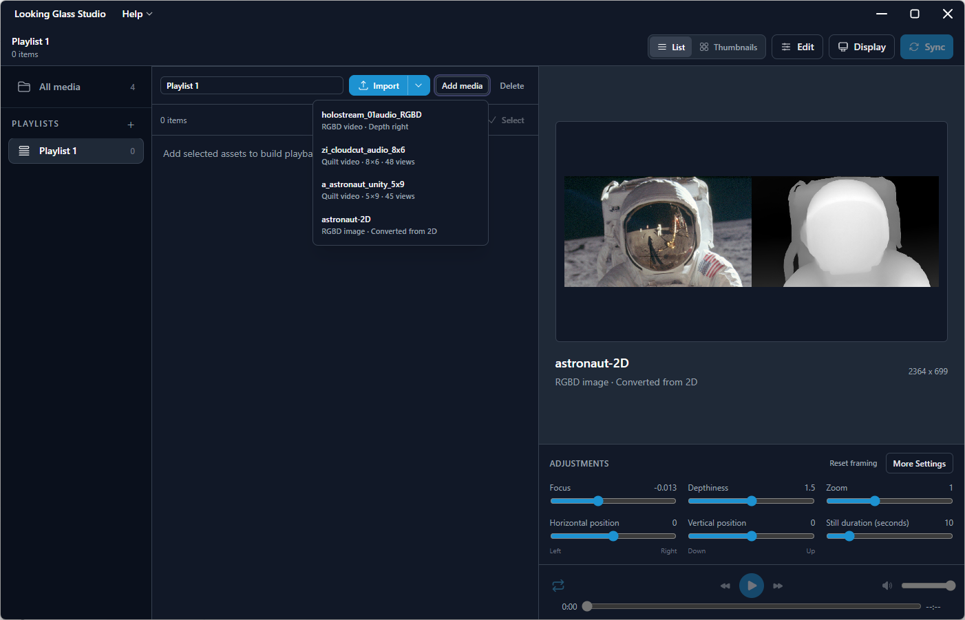 An empty playlist with the Add media menu open, listing RGBD and quilt assets from All media