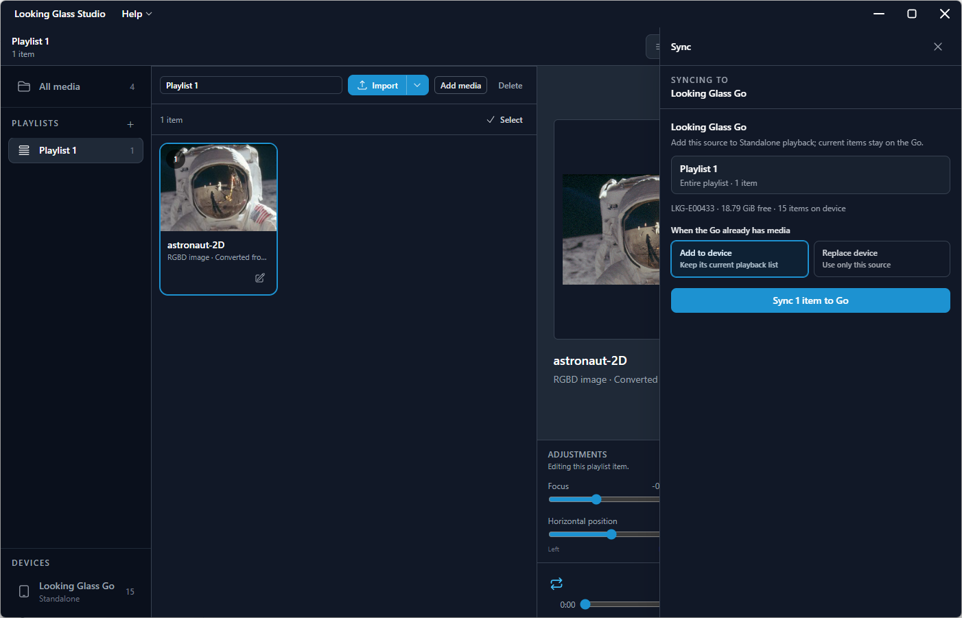 Go Sync panel with Playlist 1 selected, one item to sync, available device storage, and Add to device and Replace device options