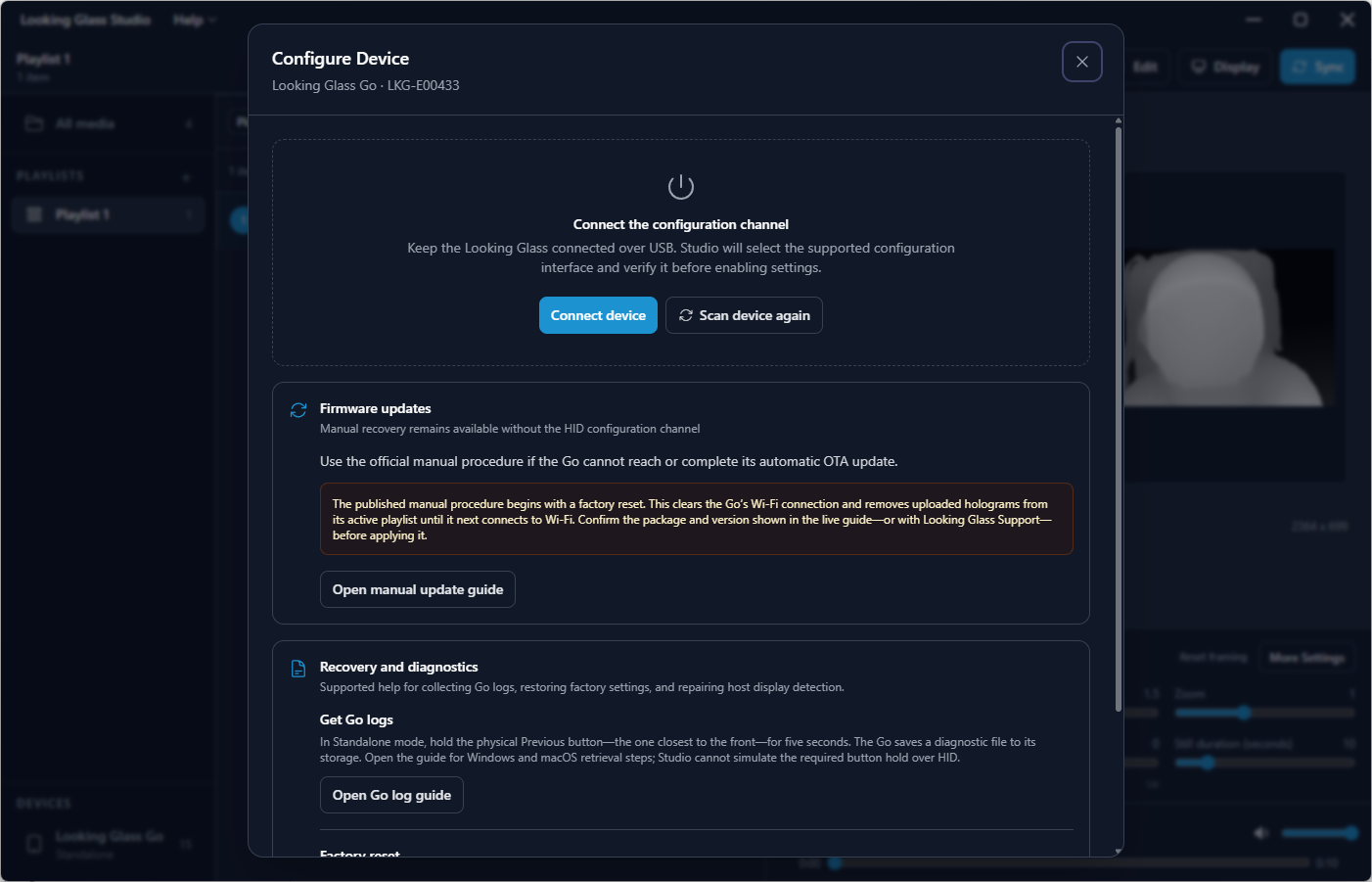 Configure Device dialog for a Go before connecting, with Connect device, Scan device again, and recovery guide controls