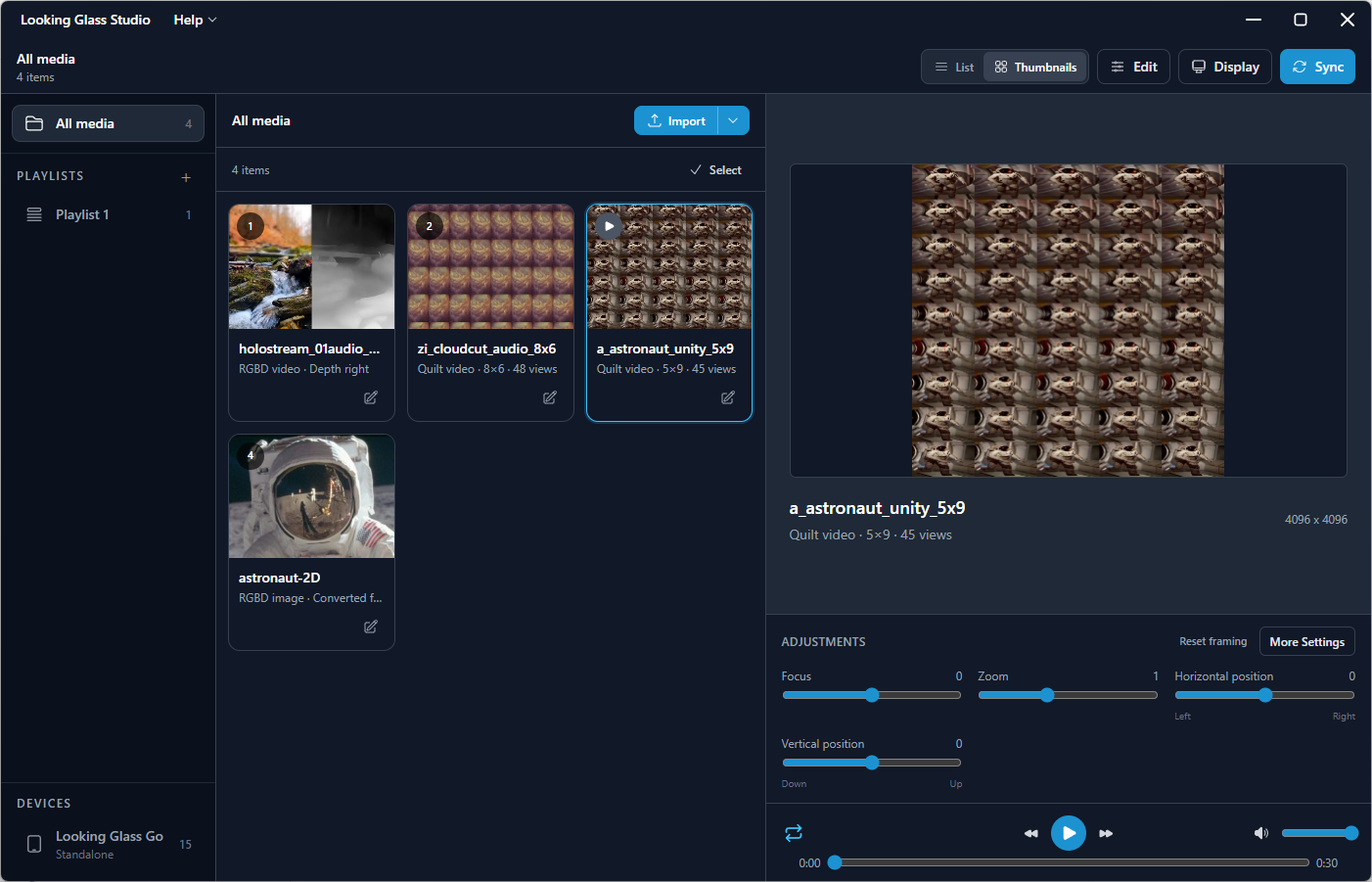 Studio in Thumbnails view with RGBD and quilt media, a playlist, a connected Go, and a selected astronaut quilt video