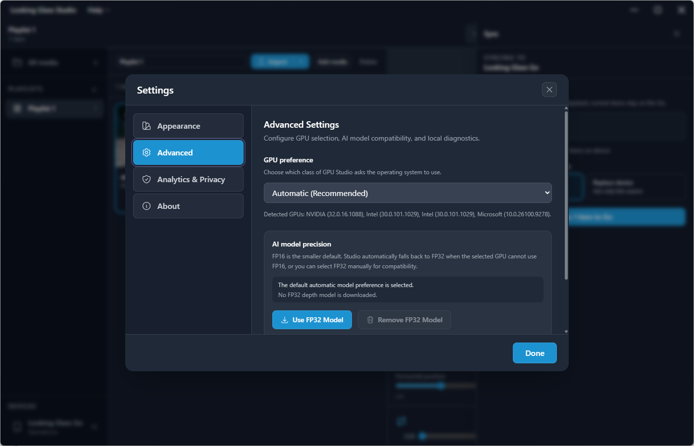Advanced Settings with GPU preference and AI model precision, including the Use FP32 Model button